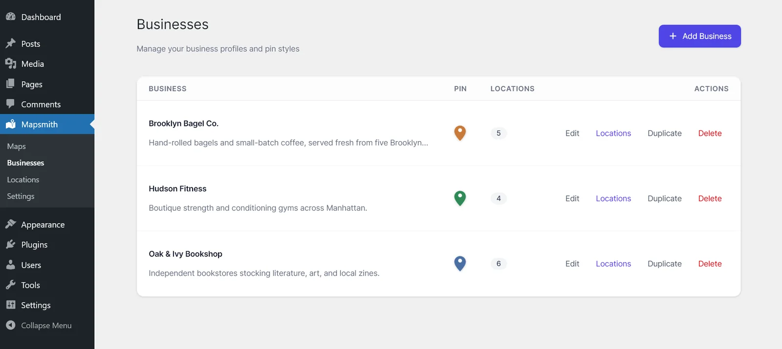 The Mapsmith admin screen inside WordPress, listing businesses with their pin colors and location counts.