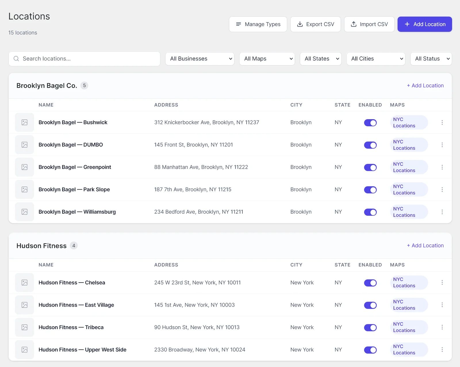 The Mapsmith Locations table in WordPress admin with CSV import and export controls and a list of business locations.