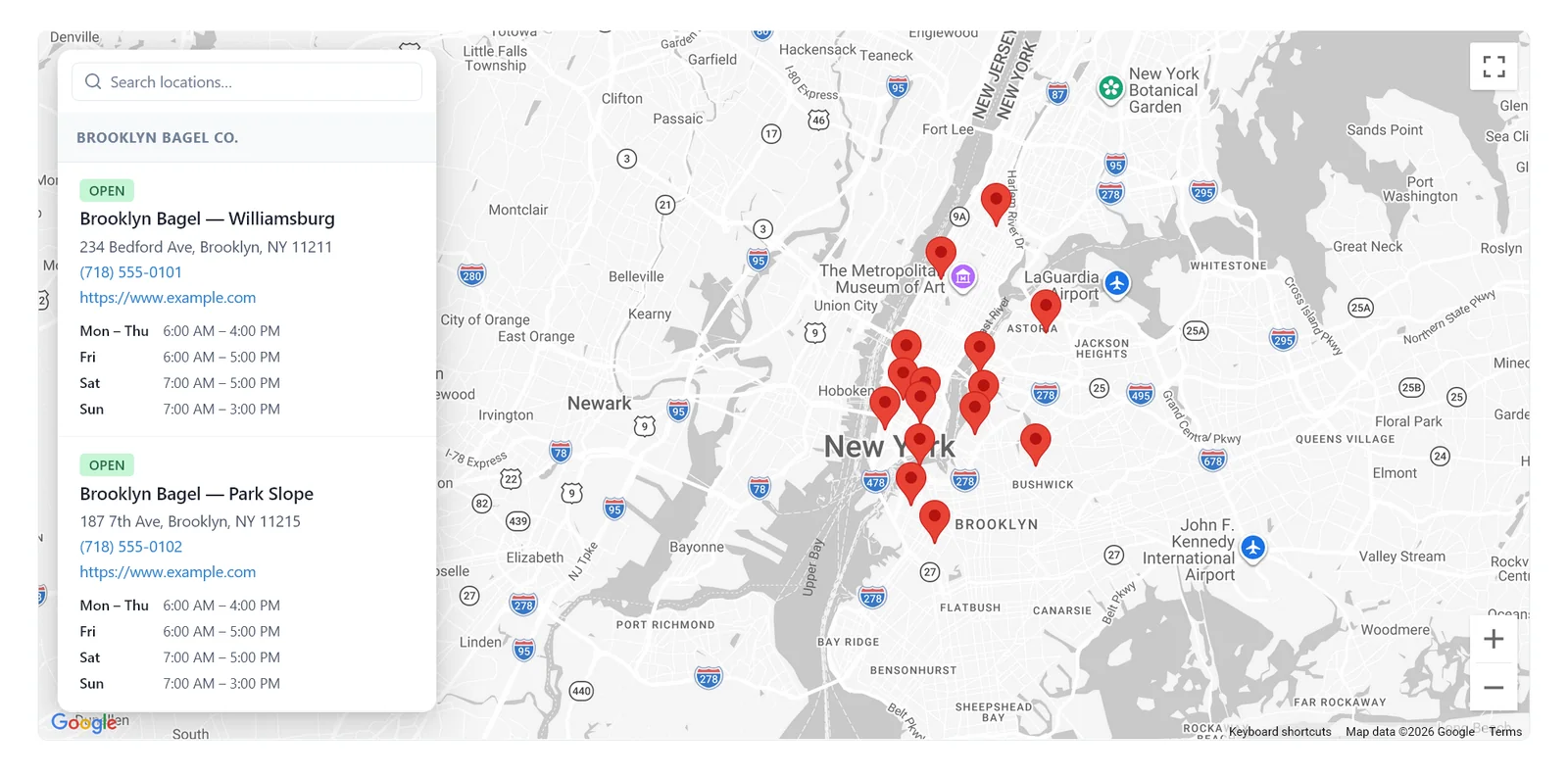 Live Mapsmith map of multiple business locations across New York with an interactive sidebar showing hours and contact info — rendered by the Mapsmith WordPress plugin.